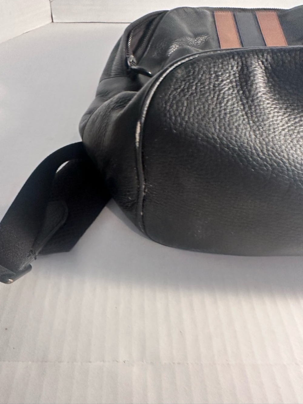 Coach Black Leather Backpack with Brown and Navy Stripe Detailing - Picture 6 of 16